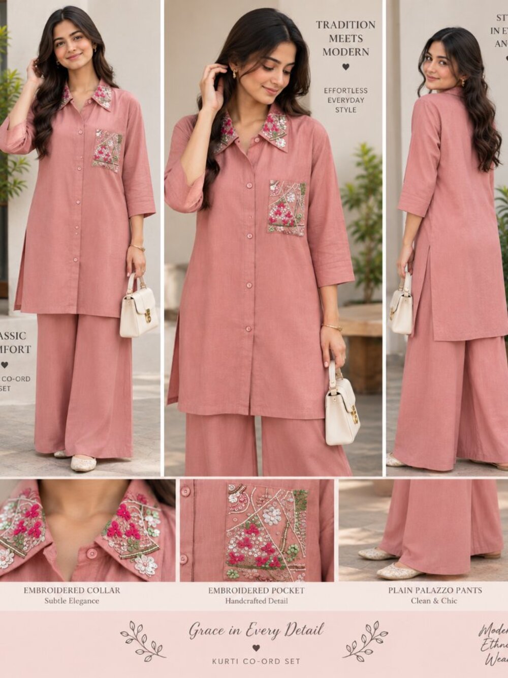 Blush Pink Embroidered 2pc Coord Set Shirt Dress & Pants